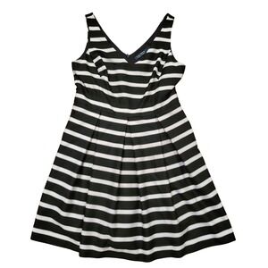 Ralph Lauren Black White Striped V Neck Fit Flare Dress 14 Pockets Dark Academia